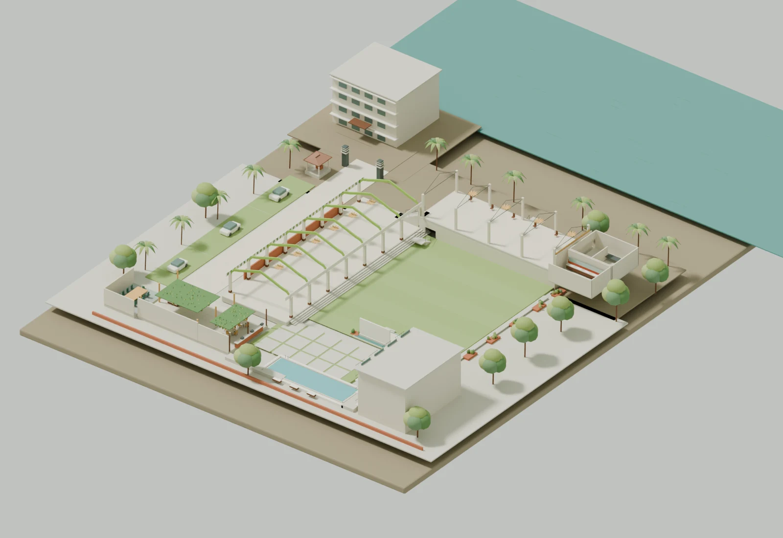 Architectural study of Samsara, including the accommodation, reception, dining, pool and event spaces